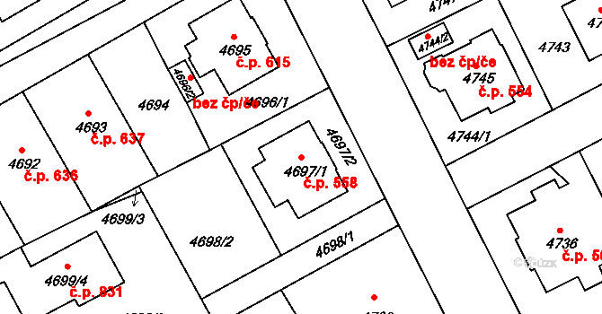 Liberec III-Jeřáb 558, Liberec na parcele st. 4697/1 v KÚ Liberec, Katastrální mapa