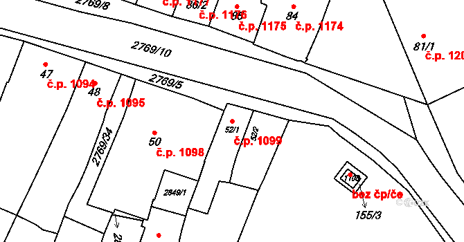 Ivančice 1099 na parcele st. 52/1 v KÚ Kounické Předměstí, Katastrální mapa