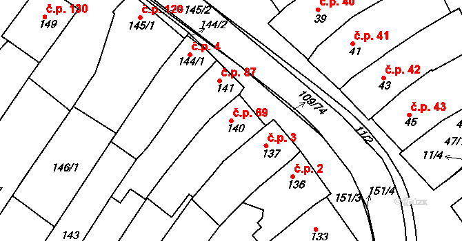 Královopolské Vážany 69, Rousínov na parcele st. 140 v KÚ Královopolské Vážany, Katastrální mapa