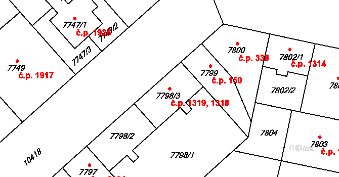 Jižní Předměstí 1318,1319, Plzeň na parcele st. 7798/2 v KÚ Plzeň, Katastrální mapa