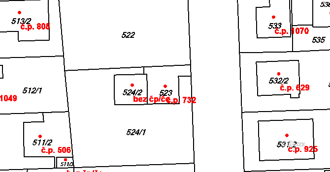 Černice 732, Plzeň na parcele st. 523 v KÚ Bručná, Katastrální mapa