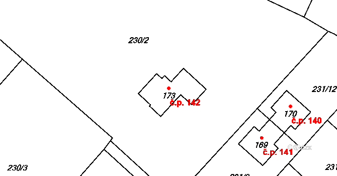 Žireč 142, Dvůr Králové nad Labem na parcele st. 173 v KÚ Žireč Městys, Katastrální mapa