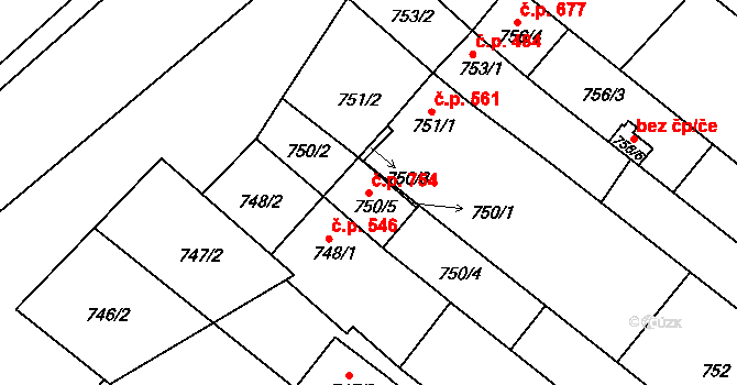 Veverská Bítýška 754 na parcele st. 750/5 v KÚ Veverská Bítýška, Katastrální mapa