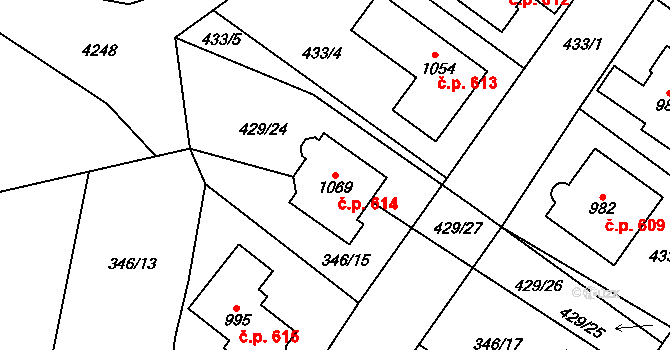 Kryry 614 na parcele st. 1069 v KÚ Kryry, Katastrální mapa