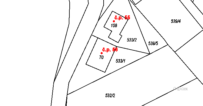 Hodíškov 56 na parcele st. 70 v KÚ Hodíškov, Katastrální mapa