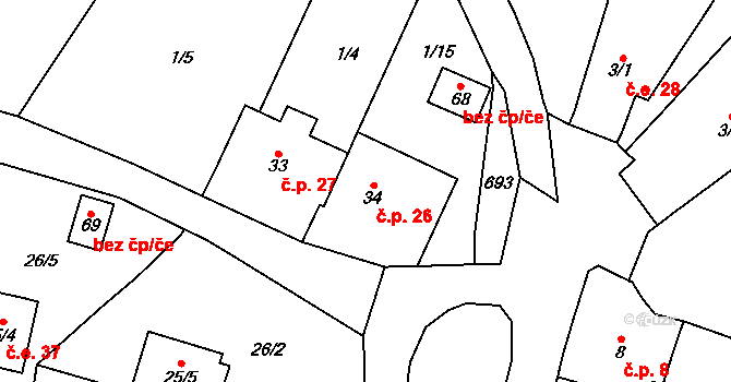 Bílka 26, Bořislav na parcele st. 34 v KÚ Bílka, Katastrální mapa