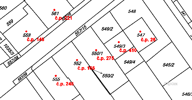 Huštěnovice 275 na parcele st. 550/1 v KÚ Huštěnovice, Katastrální mapa