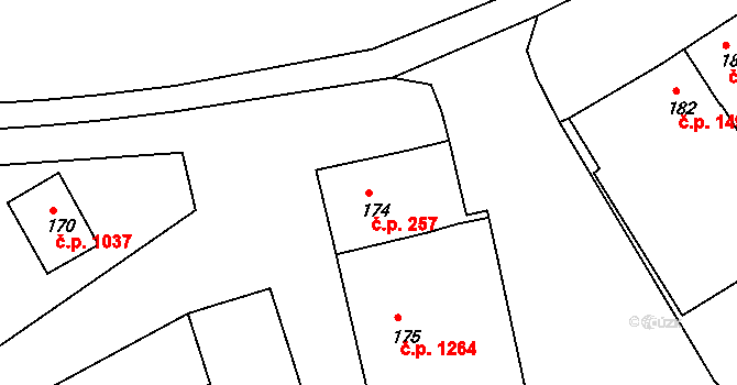 Kunovice 257 na parcele st. 174 v KÚ Kunovice u Uherského Hradiště, Katastrální mapa