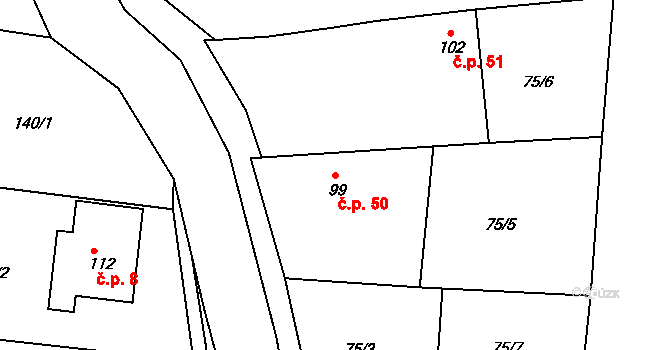Bor u Chroustovic 50, Rosice na parcele st. 99 v KÚ Bor u Chroustovic, Katastrální mapa