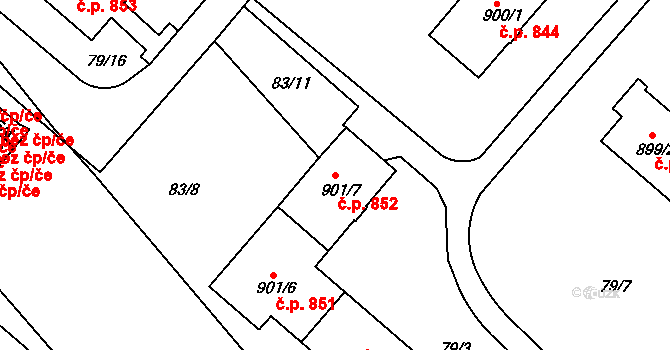 Neratovice 852 na parcele st. 901/7 v KÚ Neratovice, Katastrální mapa