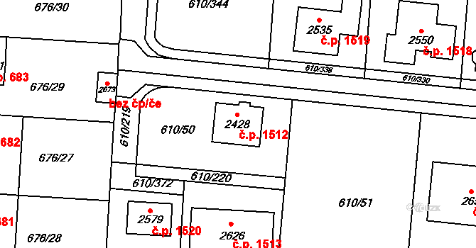 Rosice 1512 na parcele st. 2428 v KÚ Rosice u Brna, Katastrální mapa