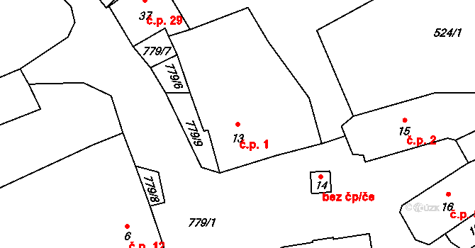 Branišov 1, Zdíkov na parcele st. 13 v KÚ Branišov u Zdíkovce, Katastrální mapa