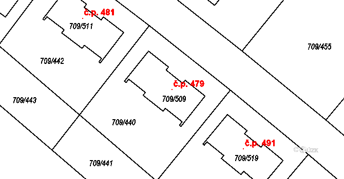 Popůvky 479 na parcele st. 709/509 v KÚ Popůvky u Brna, Katastrální mapa