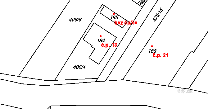 Ledečky 13, Rožďalovice na parcele st. 184 v KÚ Ledečky, Katastrální mapa