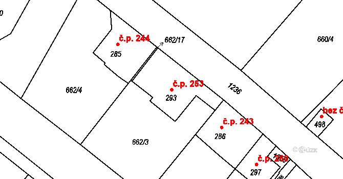 Lázně Toušeň 253 na parcele st. 293 v KÚ Lázně Toušeň, Katastrální mapa