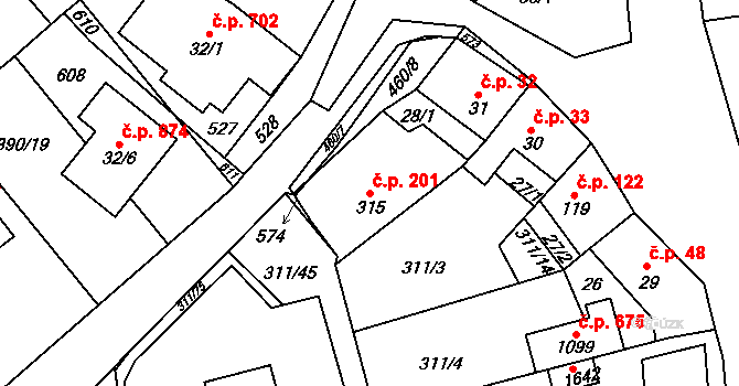Horoměřice 201 na parcele st. 315 v KÚ Horoměřice, Katastrální mapa