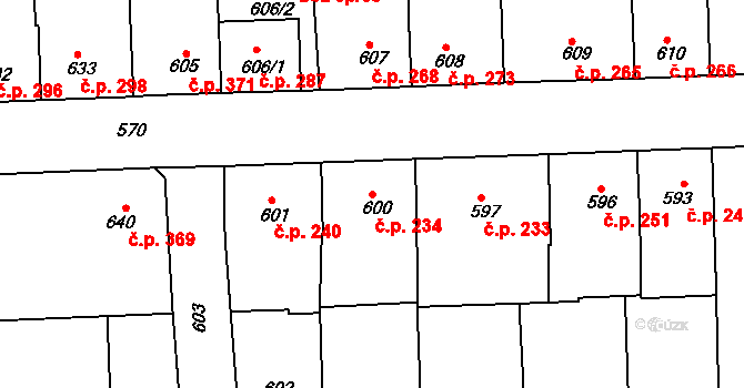 Švermov 234, Kladno na parcele st. 600 v KÚ Motyčín, Katastrální mapa