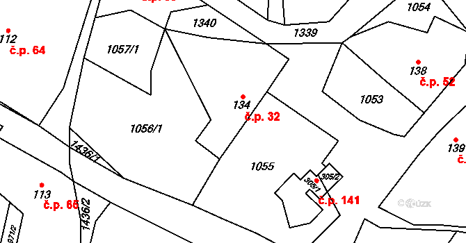 Podhorní Újezd 32, Podhorní Újezd a Vojice na parcele st. 134 v KÚ Podhorní Újezd, Katastrální mapa
