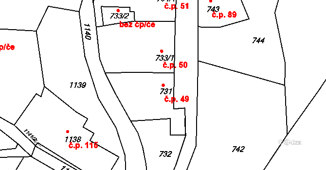 Miřetice u Klášterce nad Ohří 49, Klášterec nad Ohří na parcele st. 731 v KÚ Miřetice u Klášterce nad Ohří, Katastrální mapa