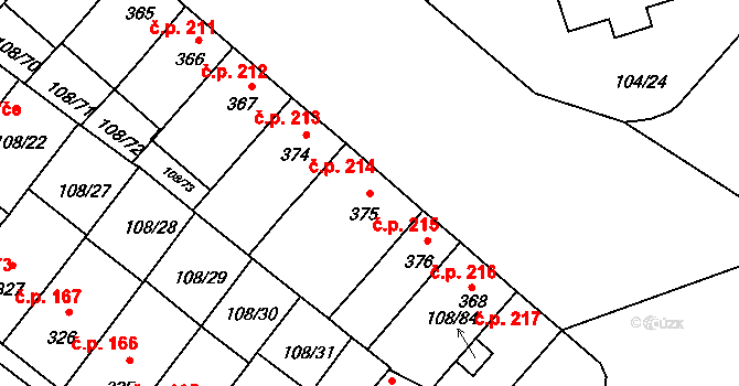 Podklášteří 215, Třebíč na parcele st. 375 v KÚ Podklášteří, Katastrální mapa