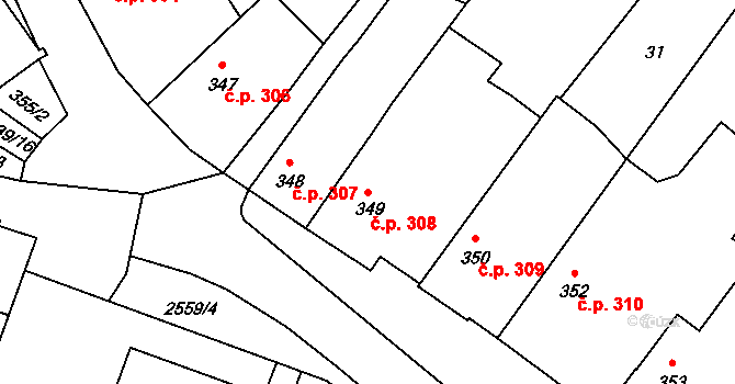 Pacov 308 na parcele st. 349 v KÚ Pacov, Katastrální mapa