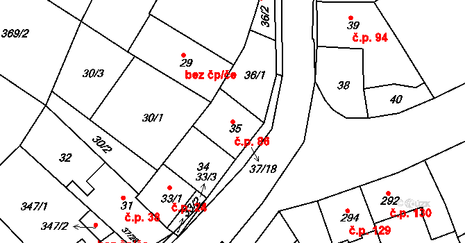 Hudcov 86, Teplice na parcele st. 35 v KÚ Hudcov, Katastrální mapa