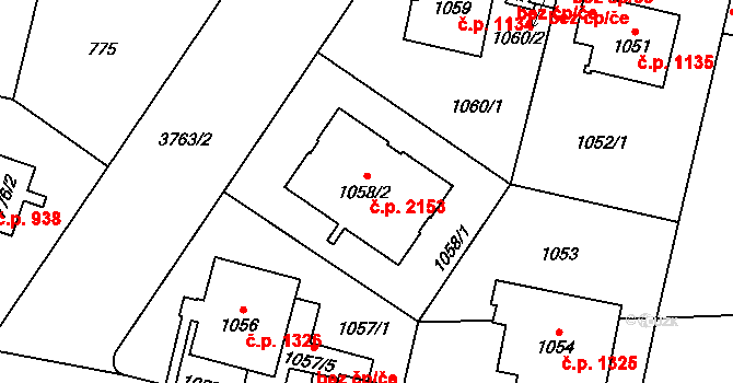 Libeň 2153, Praha na parcele st. 1058/2 v KÚ Libeň, Katastrální mapa