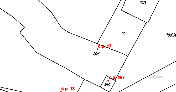 Břežany II 17 na parcele st. 30/1 v KÚ Břežany II, Katastrální mapa