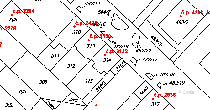 Chomutov 3132 na parcele st. 314 v KÚ Chomutov II, Katastrální mapa