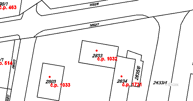 Jirkov 1032 na parcele st. 2833 v KÚ Jirkov, Katastrální mapa