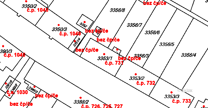 Kuřim 731 na parcele st. 3353/1 v KÚ Kuřim, Katastrální mapa