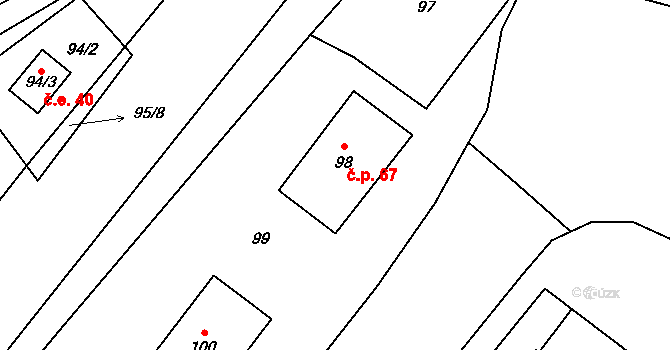 Rebešovice 67 na parcele st. 98 v KÚ Rebešovice, Katastrální mapa
