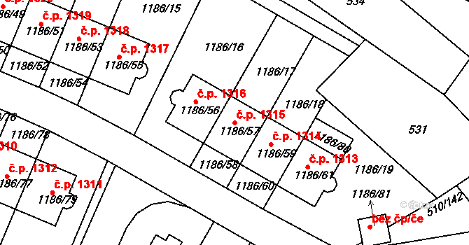 Hostivice 1315 na parcele st. 1186/57 v KÚ Hostivice, Katastrální mapa