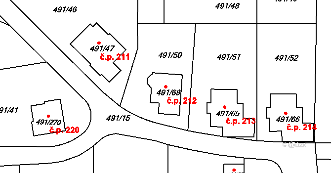 Kanice 212 na parcele st. 491/69 v KÚ Kanice, Katastrální mapa