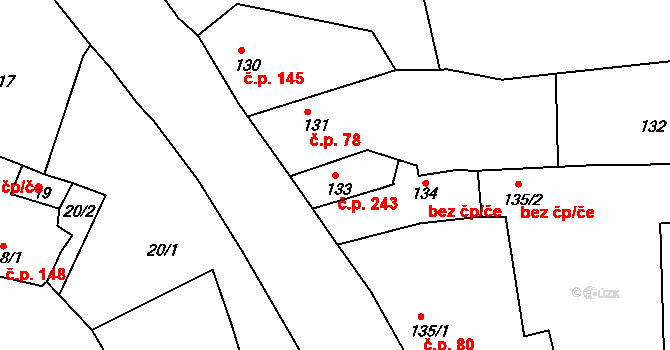 Podbořany 243 na parcele st. 133 v KÚ Podbořany, Katastrální mapa