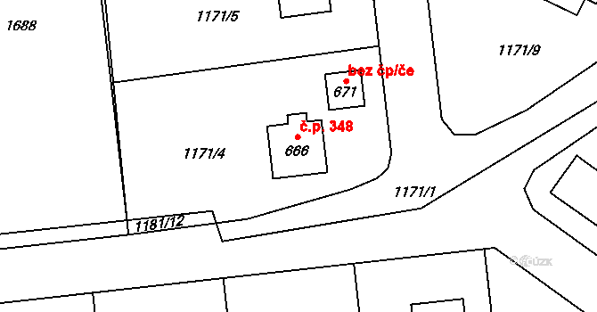 Prostřední Lánov 348, Lánov na parcele st. 666 v KÚ Prostřední Lánov, Katastrální mapa