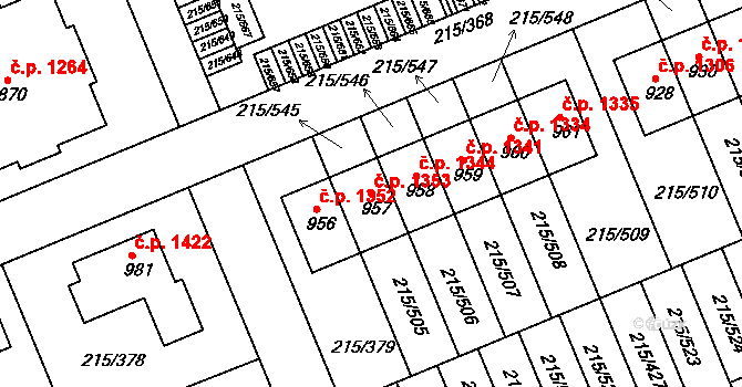 Rudná 1353 na parcele st. 957 v KÚ Hořelice, Katastrální mapa