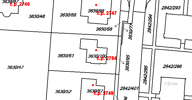 Louny 2784 na parcele st. 3630/100 v KÚ Louny, Katastrální mapa