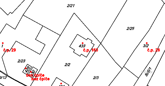 Tři Sekery 163 na parcele st. 433 v KÚ Tři Sekery u Kynžvartu, Katastrální mapa