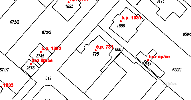 Neratovice 731 na parcele st. 725 v KÚ Neratovice, Katastrální mapa