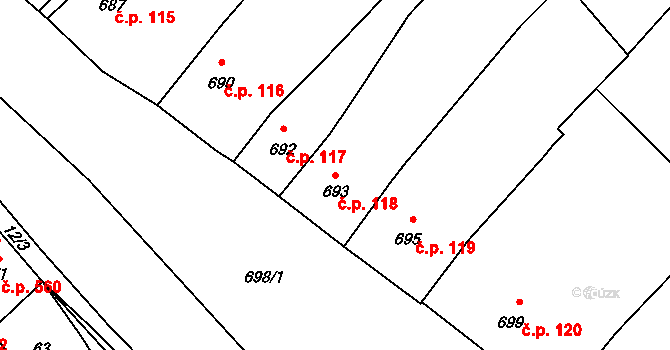 Měřín 118 na parcele st. 693 v KÚ Měřín, Katastrální mapa