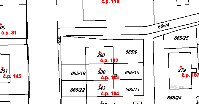 Škrdlovice 182 na parcele st. 280 v KÚ Škrdlovice, Katastrální mapa
