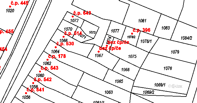 Koryčany 39035913 na parcele st. 1067 v KÚ Koryčany, Katastrální mapa