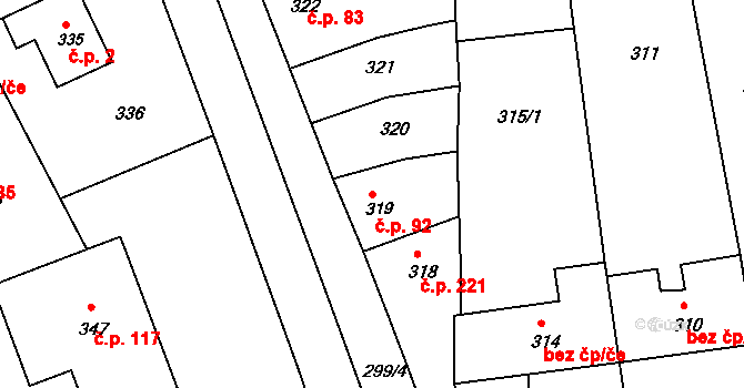 Hrušky 92 na parcele st. 319 v KÚ Hrušky u Brna, Katastrální mapa