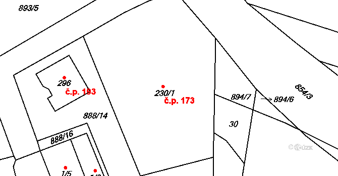 Tuněchody 173 na parcele st. 230/1 v KÚ Tuněchody, Katastrální mapa