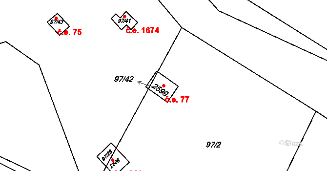 Rajchardov 77, Hradištko na parcele st. 2599 v KÚ Hradištko pod Medníkem, Katastrální mapa