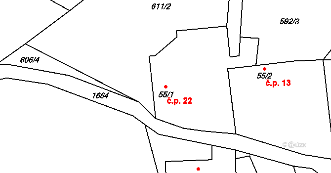 Bzová 22, Běleč na parcele st. 55/1 v KÚ Běleč u Mladé Vožice, Katastrální mapa