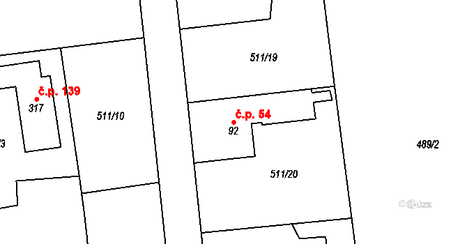 Brozany 54, Staré Hradiště na parcele st. 92 v KÚ Brozany nad Labem, Katastrální mapa