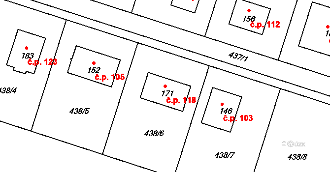 Hoštice 118, Vodochody na parcele st. 171 v KÚ Hoštice u Vodochod, Katastrální mapa