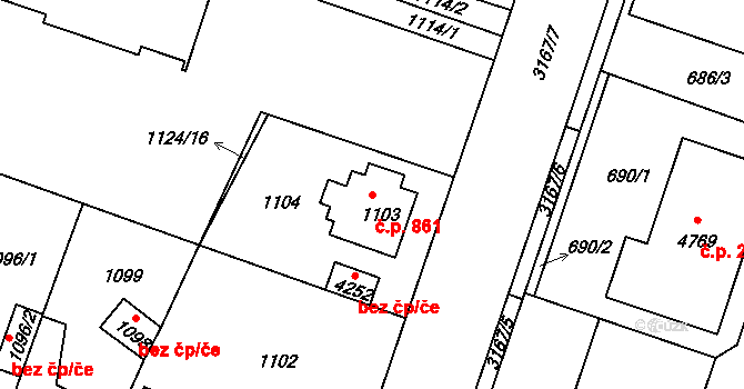 Čelákovice 861 na parcele st. 1103 v KÚ Čelákovice, Katastrální mapa